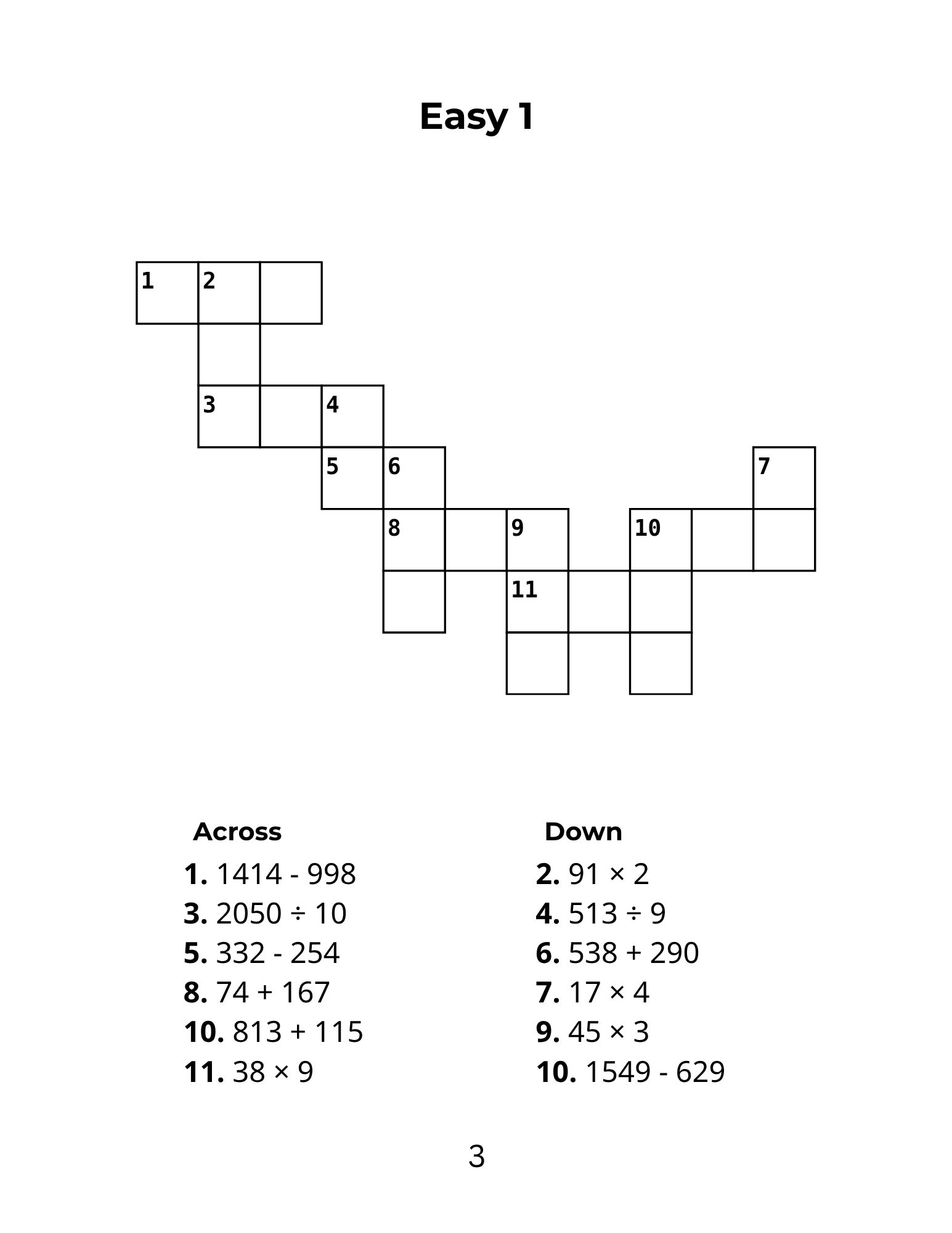 Sample Easy-level math crossword puzzle page